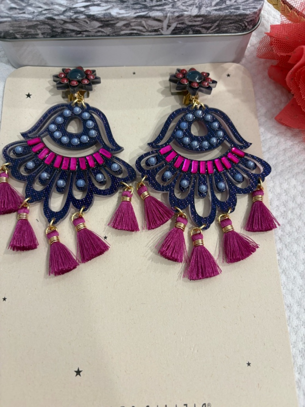 Navy and Magenta Tassel Statement Earrings - Women Jewelry